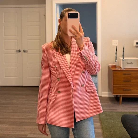 Zara Pink and White Tailored Houndstooth Women’s Blazer - Picture 3 of 9